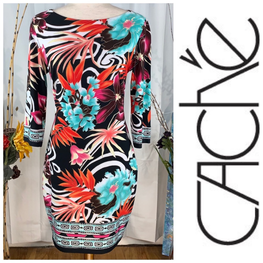 Cache Black and Pink Sheath Midi Dress Long Sleeve Bateau